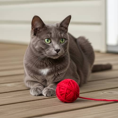 Greyish Cat with Green Eyes on Wooden Porch – Playful Feline Charm