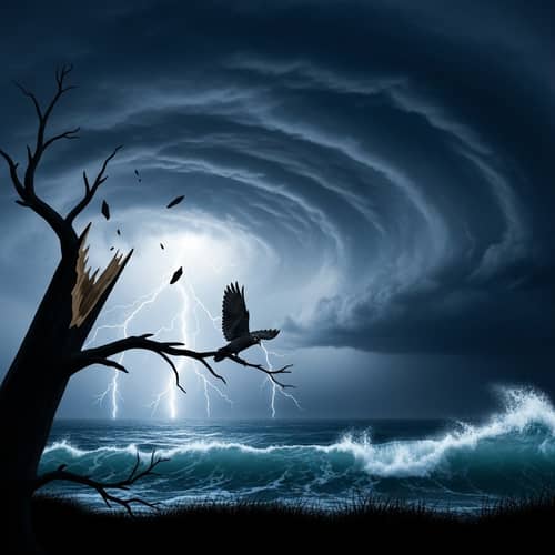 Intense Scene of Anger: Swirling Clouds, Roaring Waves, Lightning