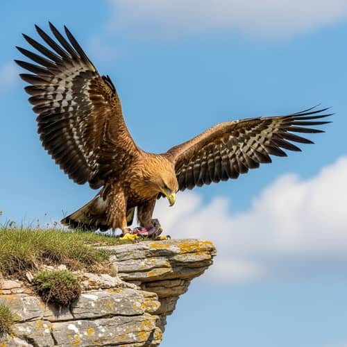 Majestic Golden-Brown Eagle perched high on cliff edge