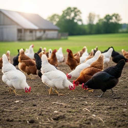 Free-Roaming Chickens Pecking for Food in Rural Setting