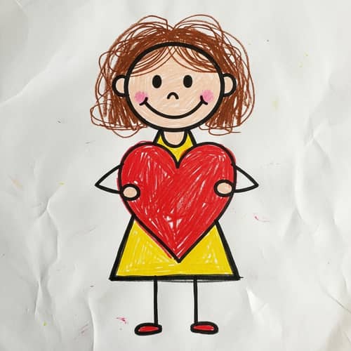 Child's Crayon Drawing of a Girl Holding Heart Shape