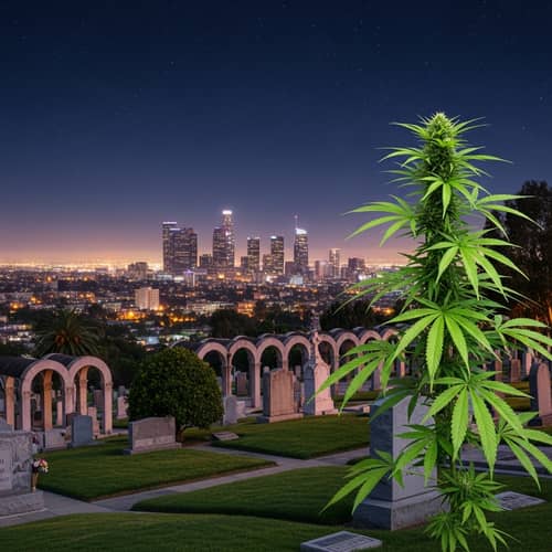 Los Angeles Night Cityscape with Graveyard and Cannabis Plant