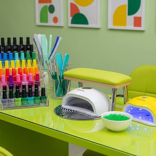Colorful Manicurist Workstation with Essential Tools