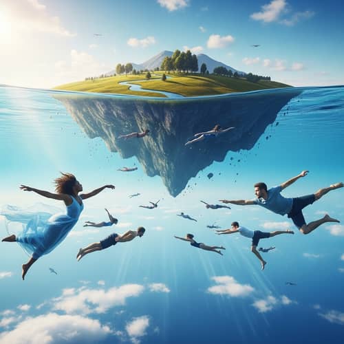 Sky Landscape with Diverse People Floating and Swimming