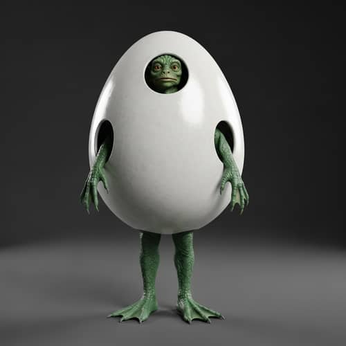 Green Scaly Creature in Egg Costume - Whimsical and Comedic