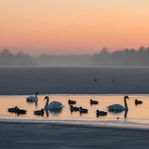 Tranquil Setting Sun Scene at Frozen Lake with Swans and Ducks