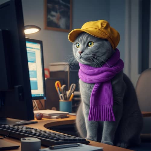 Grey Cat in Purple Scarf with Yellow Cap at Computer