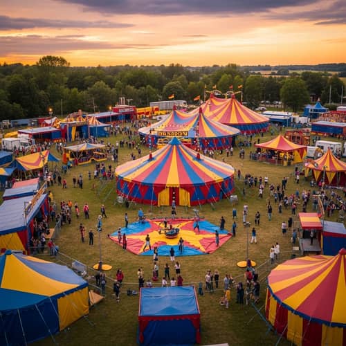 Colorful Circus Scene with Diverse Performers and Attractions