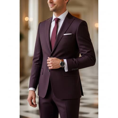 Modern Dark Burgundy/Navy Groom's Suit with Stylish Accessories