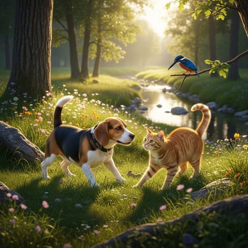 Serene Nature Scene with Cat, Dog, and Blue Bird