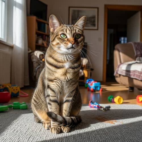 Glossy Multicolored Short-Haired Cat at Home