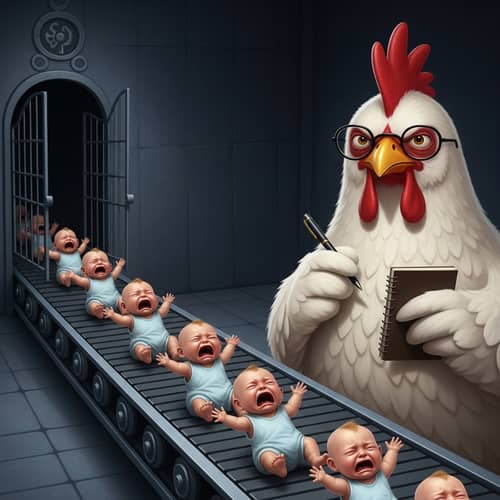 Eerie Comedy: Crying Infants on Conveyor Belt, Intellectual Chicken