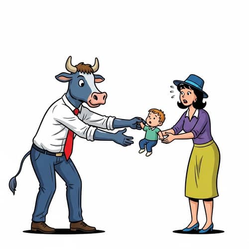Funny Cartoon of Anthropomorphic Bovine Taking Child