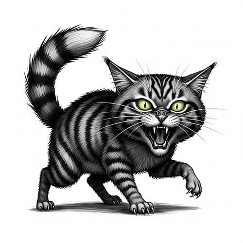 Intensely Furious Cat: Flaring Eyes, Lashing Tail & Ready to Pounce