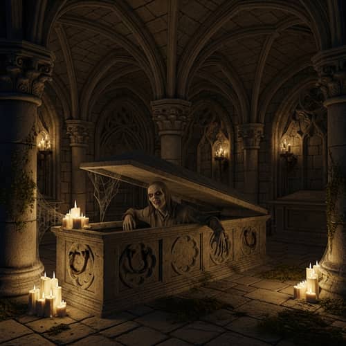Gothic Crypt Ghoul Emerges in Candlelight - Terrifying Scene