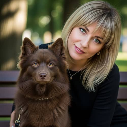 Chocolate German Spitz Dog with Caucasian Woman