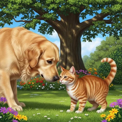 Golden Retriever and Ginger Cat: Serene Garden Encounter