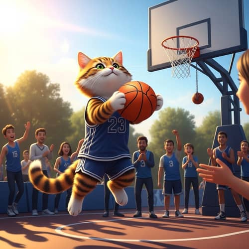 Playful Feline in Action: Basketball Game in Sunny Park