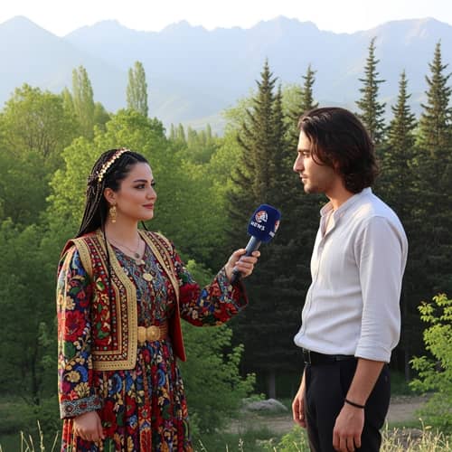 Kurdish Journalist Interviewing Handsome Man with Long Hair | Mountain Setting