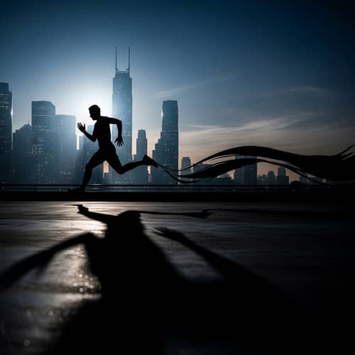 Enigmatic Runner Silhouette on Urban Evening Skyline