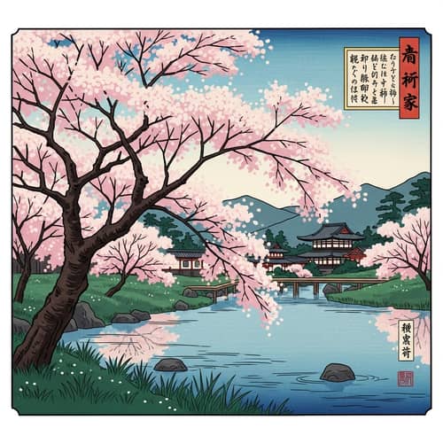 Serene Cherry Blossom Tree in Traditional Japanese Art Style