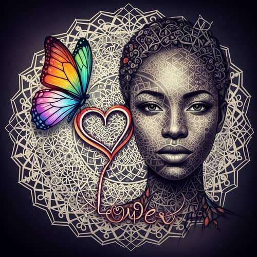 Mandala Art with Rainbow Butterfly and Heart Symbol