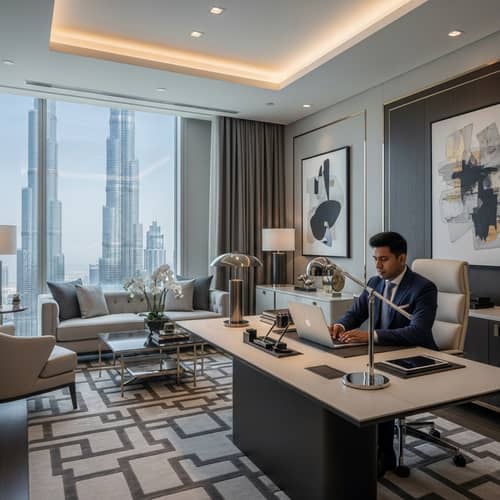 Elegant Office Room in Dubai Skyscraper | Professional Workspace Design