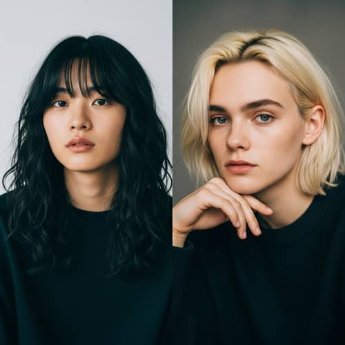 Young Individuals with Wavy Black and Blonde Hair
