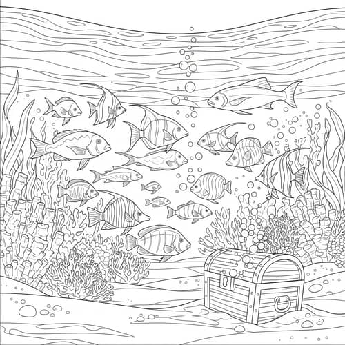Underwater Coloring Page with Fish and Pirate's Chest