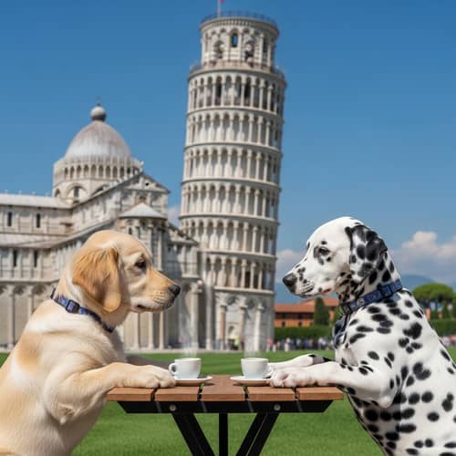 Whimsical Coffee Date of Golden Retriever and Dalmatian Puppies