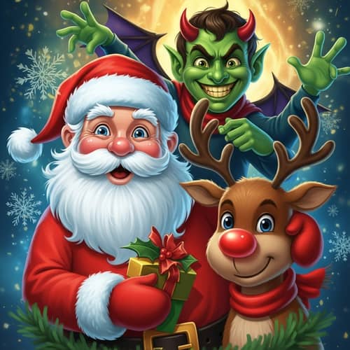 Festive Holiday Scene with Jolly Man, Mischievous Creature & Friendly Reindeer