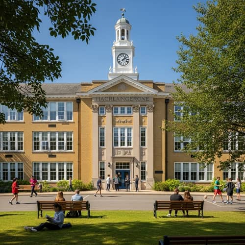 Classic School Building with Diverse Student Activities