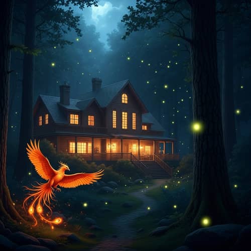 Majestic Wooden House in Enchanted Forest - Tranquil Night Scene