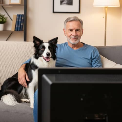 Lively Border Collie Dog and Owner Watching TV on a Comfy Couch