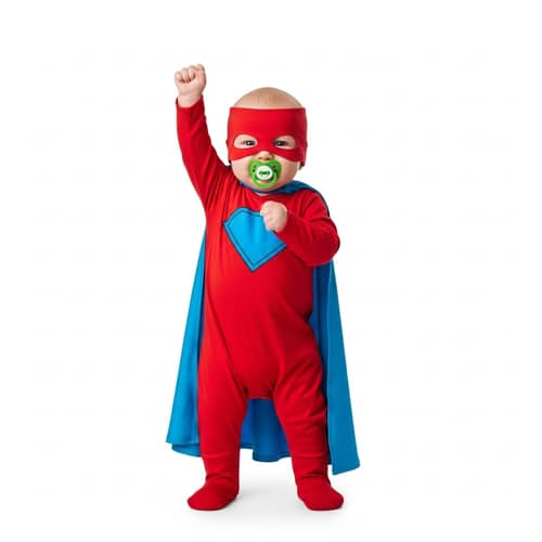 Infantile Superhero in Vibrant Red Spandex Suit with Sky-Blue Cape