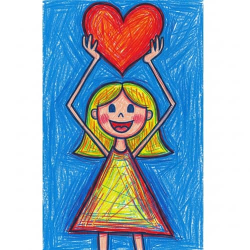 Dynamic Three-Year-Old's Crayon Drawing of Girl Lifting Heart