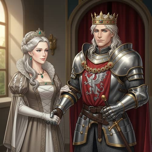 Medieval Royal Family Portrayal: Woman in Court Attire with Graceful Air, King in Elaborate Armor