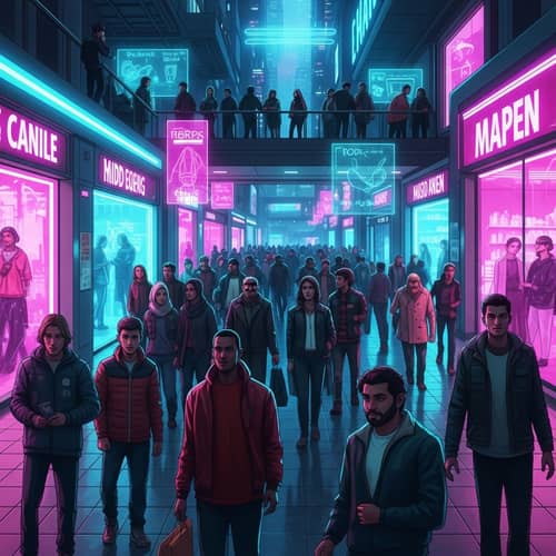 Futuristic Cyberpunk Shopping Mall with Diverse Virtual Shoppers