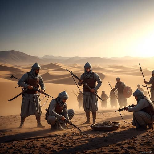 Muslim Soldiers Prepping for Battle in Vast Desert Landscape