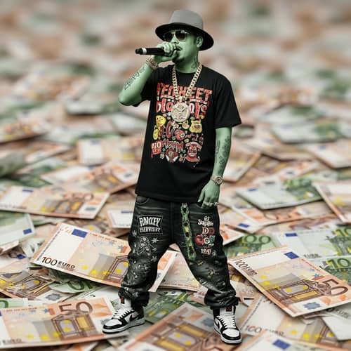 Eccentric Foreign Rapper with Gold Chain on Euro Banknotes Background
