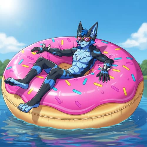 Lucario chilling on giant inflatable donut