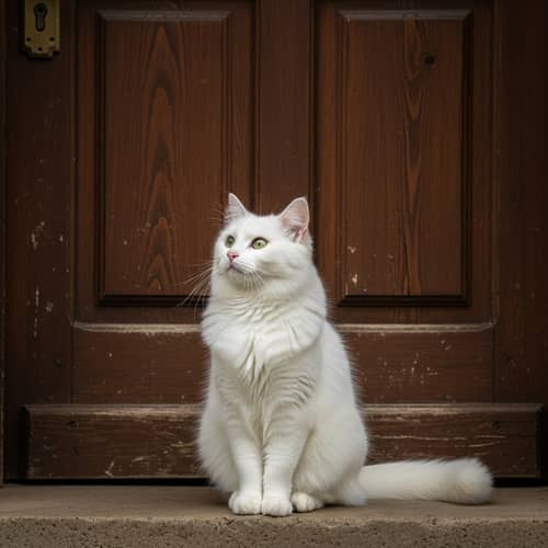 Elegant White Cat by Rustic Wooden Door