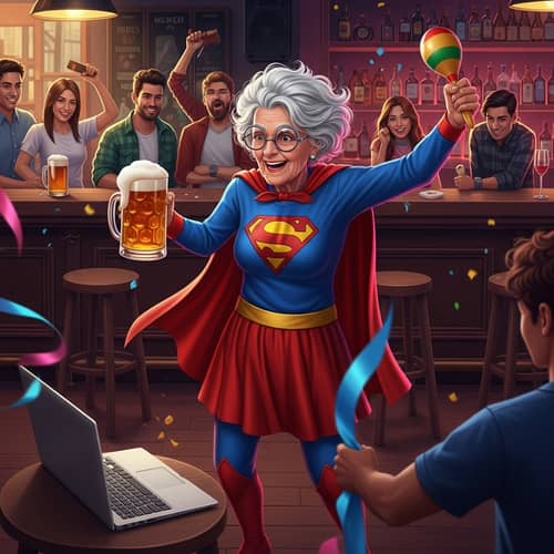 Eccentric Elderly Woman in Superhero Outfit Dances in Bar