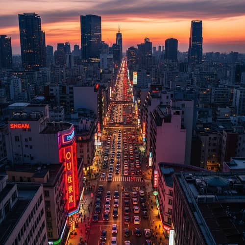 Bustling Cityscape at Dusk - Urban Life in Orange and Purple Hues