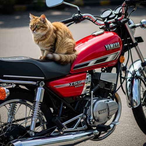 Tawny Fur Cat on Yamaha RX 135 Motorcycle | Serene Scene