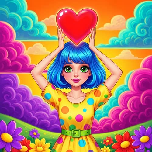 Whimsically Stylized Girl with Heart | Vibrant Color Composition