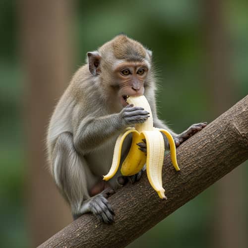 Agile Monkey Enjoying a Ripe Banana in Vibrant Jungle Scene