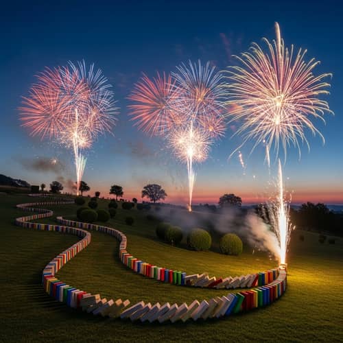 Domino Chain Reaction Leading to Firework Display