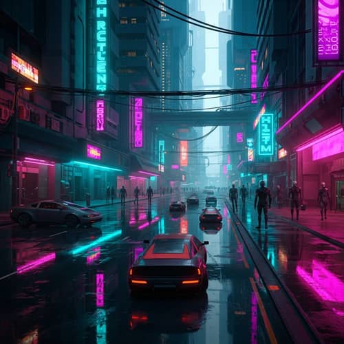 Vibrant Cyberpunk Cityscape Art - Digital Painting in Noir Style
