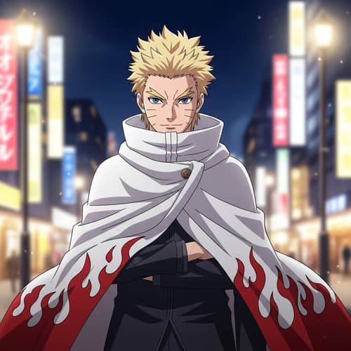 Confident Anime Character with Spiky Blond Hair and Blue Eyes